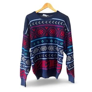 Vintage Wool Blend Sweater – Navy & Red Geometric Knit, 90s Cozy Classic